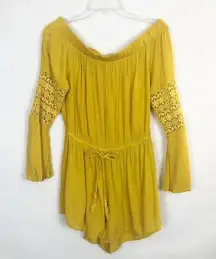 Indulge Off Shoulder Bell Sleeve Mustard Romper Junior's Size L