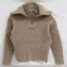 Vince Half Zip Ribbed Brushed Wool-Cashmere Blend HightNeck Sweater Beige S $465