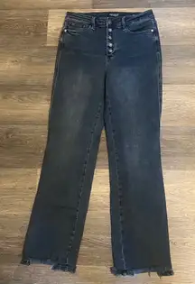 Judy Blue Straight Fit High Rise Button Up Black Wash  Jeans w/Raw Frayed Hem 30