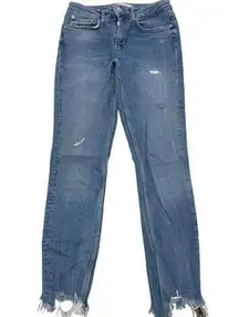 Zara Jeans Women 2 Blue Denim Raw Hem Skinny Distressed Mid Rise Cotton