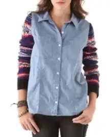 Free People shacket‎ shirt sweater knit sleeve small fair isle chambray