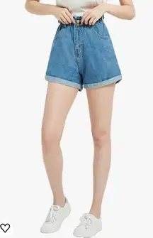 Plaid & Plain Elastic Waist High Rise Denim Jean Retro Rolled Shorts Medium