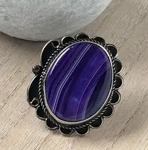 Gary Nez Navajo Purple Banded Agate Native American Huge Signed GN Ring Size 8