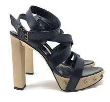 SERGIO ROSSI black leather & fabric, ankle wrap sandals, size 39, made in Italy