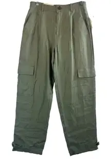 Womens 4R Olive Green Linen Blend Cargo Pants High Rise‎ Straight Ankle Utility
