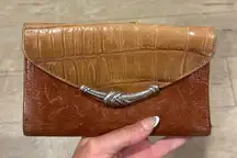 Brighton Brown Leather Wallet w/ Croc-Embossed Flap & Silver Tone Knot Hardware