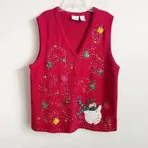 Kim Rogers Size L Red Button Up Ugly Christmas Sweater Sequin Snowman XMAS