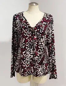 Dana Buchman Women's Multicolor Draped V-neck Long Sleeve Blouse Top Size L