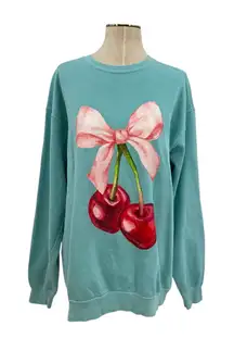 Comfort Colors Cherry Coquette Bow Sweatshirt‎ Cotton Teal Blue Size XL