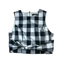 Sugar + Lips Black and White Check Sleeveless Tie Front Cropped Blouse NWT