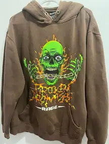 Broken Promises Brown Hoodie with Green Skull Graphic Pullover size Large