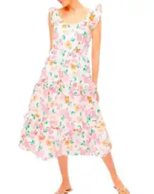 J.Crew  Flutter-Sleeve Ruffle-Tiered Midi Dress Medium Pink Floral