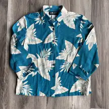 Vintage Sag Harbor 100% Silk Button Front Women size 8 Teal Blue tropical shirt‎