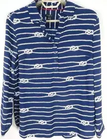 TALBOTS Women Lightweight Comfy Rayon Blouse 2-Way 3/4 Sleeve Blue White Geo MP