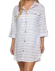 NWT Dotti Baja White Gray Striped Cotton Button Up Dress Swim Cover-up Sz Small
