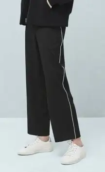 Mango Side Stripe Straight Wide Leg Cropped Pants Black