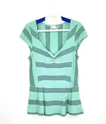 Anthropologie  Postmark Striped Peplum Sweetheart Top Mint Green Navy Blue Medium