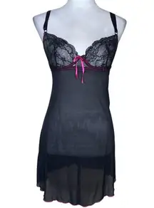 Y2K Vintage Hot Kiss Babydoll Black Pink Net Mesh Back Tie/Clasp Slip Dress 36C