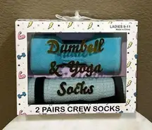 Blue and green yoga socks with"Dumbbell & Yoga Socks"design crew socks