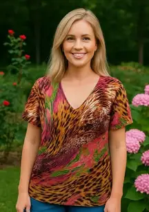 Quacker Factory Leopard and Floral Print Rhinestone Blouse Artsy Eclectic Fun S