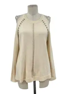Ramy Brook Maya Sweater Cold Shoulder Beaded Long Sleeve Cream White Size Medium