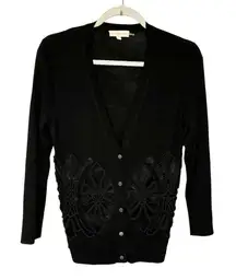 Tory Burch Black Merino Wool Beaded V Neck Sweater Cardigan Size Medium