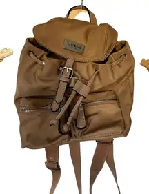 Guess LA brown leather backpack many pockets drawstring design flaw