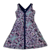 Title Nine Hillary Dream Dress Women Small Navy Purple Geo Floral Stretch Beach