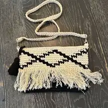 Bohemian Woven Sling Bag Black & White with Fringe & Braided purse