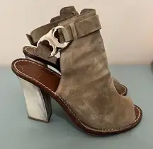 Tory Burch  Beige Gemini Link Peep Open Toe Slingback Suede Bootie Size 8