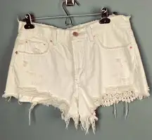 Free People  shorts distressed denim light cream color lace size 28