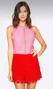 SugarLips Birdie Crochet Lace Romper Color Block Pink Red Small
