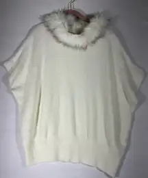 MIXIT FAUX FUR COLLAR KNIT SWEATER PONCHO ONE SIZE IVORY NWT