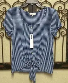 Set the Stage short sleeve blue/white striped tie hem top