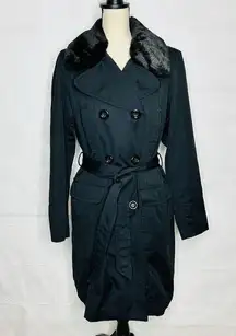 Jones New York Coat Size Large Black Faux Fur Removeable Collar Belted Trench