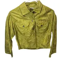 Chico's‎ Embroidered Silk Rayon Jacket Button Up Chartreuse Green Size 0