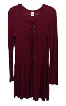 Empyre Burgundy Ribbed Lace Up V Neck Long Sleeve Size‎ Large Midi Dress
