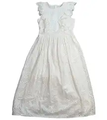 Just Me Eyelet Midi Dress Women's Medium Flutter Sleeve Ruffle Belted White