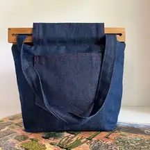 Handmade Blue Cotton Denim Cottage Western Wooden Handle Shoulder Bag