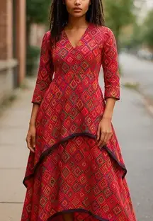 Made In India Vibrant Kaftan Kurta Tiered Cotton Maxi Dress Farm Rio Style