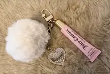 Juicy Couture Pink Lip Gloss and White Pom Pom Keychain