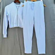 ARITZIA | TNA SET WAFFLE KNIT LONG SLEEVE HOODIE & JOGGER SMALL LIGHT BLUE