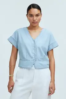 Madewell Pleated Short-Sleeve Top Women's XS Light Blue Denim Button Front NWT
