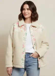 Coach Cream Blocked Floral Teddy Jacket Sherpa Fleece Size S