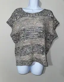 Inhabit Women's Knit Top Beige Gray Striped Short Sleeve Pullover Sweater‎ Sz s