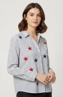 Las Olas Vintage Button Up Shirt Women XL Blue Stripe Star Embroidered Americana