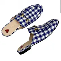 Gucci Vintage Princetown Horsebit Mules White Blue Plaid Gingham Sz 36.5