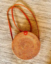 Woven Rattan Round Purse with Leather Strap and Tropical Lining