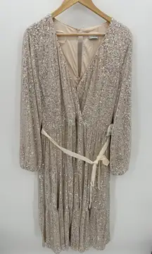 Arula Dress Women 2X Beige Sequin Shimmer Long Sleeve Maxi Gown Holiday Event
