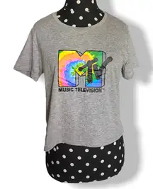 MTV Womens Tee Size Medium Gray Cropped Tie Dye Logo Shirt‎ Top NEW